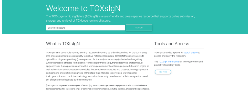Home page screenshot of TOXsIgN database